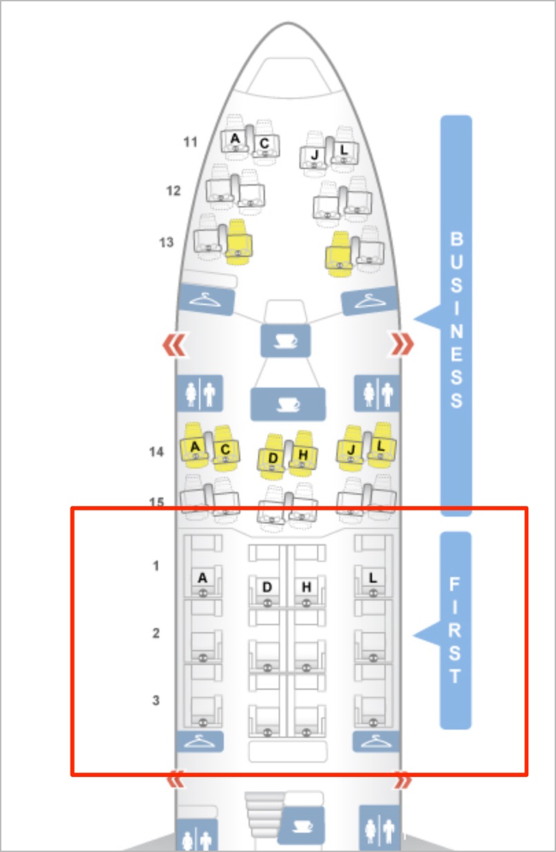 中国国際航空のB747-8ファーストクラスのシートマップ。12席ある